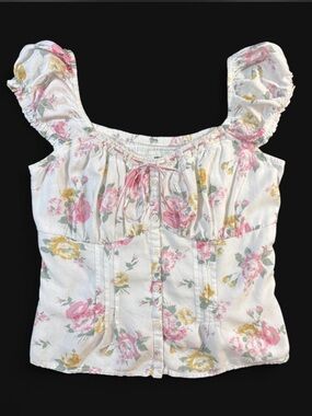 Hollister Off Shoulder Pintuck Blouse Floral Cottagecore Romantic Garden Top